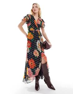 Платье миди Hope & Ivy с рукавами-оборками, завязкой на талии и принтом темно-синего цвета