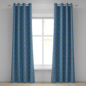 Синяя штора на люверсах ABAKUHAUS с абстрактным цветочным узором с элементами пейсли, замысловатыми завитками и закрученными листьями, декоративная двухпанельная штора, 280 см x 225 см, цвет сине-оранжевый коралловый Abakuhaus