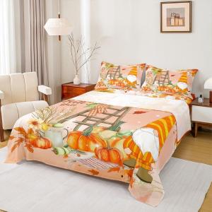 Erosebridal Комплект постельного белья Fall Gnomes с осенним принтом из тыкв, подсолнухов и кленовых листьев в красно-оранжевых тонах, Multi 07