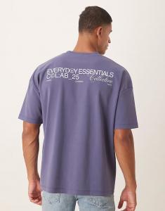 Футболка суперплотного кроя оверсайз со спущенным плечом и текстовым принтом синего цвета Asos Design