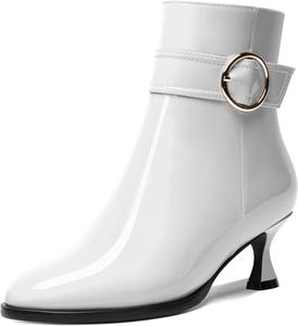 Женские ботильоны AMBELIGHT с круглым носком, ремешком на щиколотке для свиданий, лакированные, с молнией, на низком каблуке 2 дюйма, White