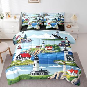 Erosebridal Комплект постельного белья Nautical Lighthouse с морским принтом, дышащий стеганый материал для летнего сезона, Blue Red