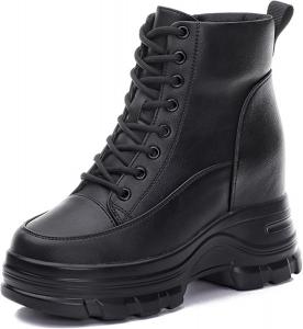 Женские кожаные ботильоны на платформе с невидимым эффектом увеличения роста, модные с круглым носком, боковой молнией, на танкетке, байкерские, повседневные, удобные ботинки для работы на улице и для деловых встреч YHEROHG, Black