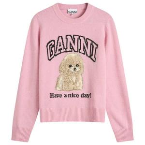 Графический свитер с рисунком из смеси шерсти и пуделя с круглым вырезом Ganni, розовый