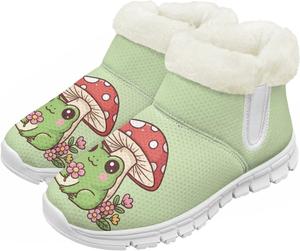 Детские зимние сапоги для девочек, водонепроницаемые, противоскользящие, для холодной погоды, с искусственным мехом, походные ботинки Goronwyfloyd, Green Mushroom Frog