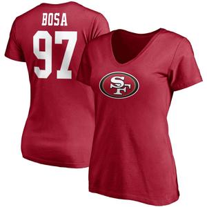 Женская футболка Fanatics с логотипом Nick Bosa Scarlet San Francisco 49ers со значком игрока, именем и номером, с v-образным вырезом Fanatics