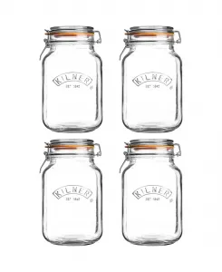 Набор из 4 квадратных банок с защелкивающейся крышкой, 1,5 л (1 л) Kilner, прозрачный
