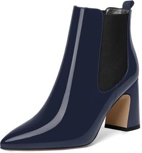 Женские повседневные деловые теплые ботильоны MODENCOCO с заостренным носком, лакированные, на эластичном блочном каблуке высотой 3,3 дюйма, Black Navy Blue