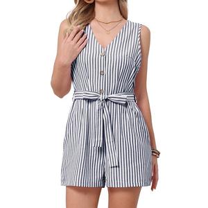 Летний ромпер для женщин в полоску, без рукавов, с V-образным вырезом, на пуговицах и поясом Inspire Chic, Blue