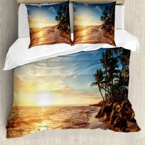 Пододеяльник ABAKUHAUS Тропический, Пальмы на пляже, с защитой от клещей, подходит для аллергиков, с наволочками, 200 см x 200 см - 80 x 80 см, синий, желтый, коричневый Abakuhaus