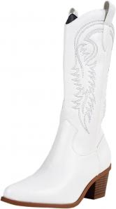 Cydmoty Женские ковбойские ботинки белые/черные - ботильоны в западном стиле из искусственной кожи с каблуком-блоком 2 дюйма, модные сапоги для верховой езды