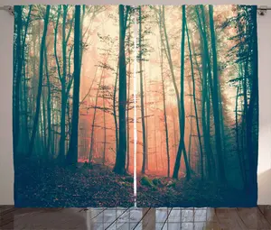 Штора ABAKUHAUS Рустикальный лес, Осенний лес, универсальная ленточная штора для гостиной с петлями и крючками, 280 x 175 см, цвет: темно-зеленый, кораллово-красный Abakuhaus