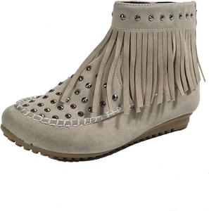Женские классические ботильоны с бахромой и заклепками, замшевые, с кисточками, ковбойские, с круглым носком, на плоской подошве, ретро, зимние, с низким каблуком Generic, Beige