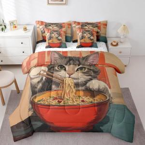 Erosebridal Комплект постельного белья Noodles с принтом котят и еды в красных и серых тонах, Red Grey