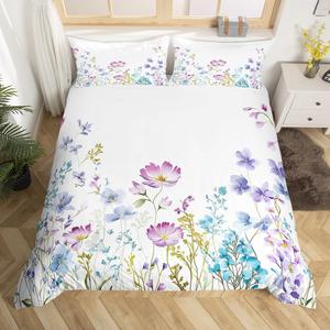 Erosebridal Бохо комплект постельного белья с ботаническим принтом в фиолетово-синих тонах с цветами и зелеными листьями, White Purple