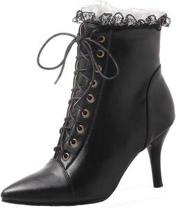 Женская мода: ботильоны на высоком каблуке с острым носком, кружевной шнуровкой, элегантные короткие ботинки JOEUSTY, Black-Velvet Lined