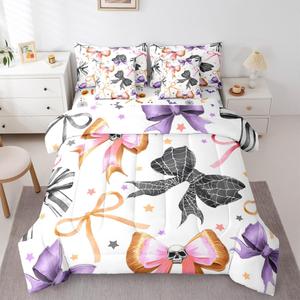 Erosebridal Комплект постельного белья Bowknot Skeleton Halloween Decor Gothic с принтом паутины и сахарных черепов в белом цвете, Purple White