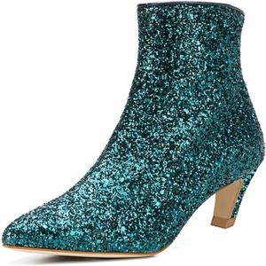 Женские элегантные ботильоны XYD с заостренным носком, низким наклонным каблуком и боковой молнией, стильные туфли для офиса и повседневной носки в холодную погоду, Teal Glitter
