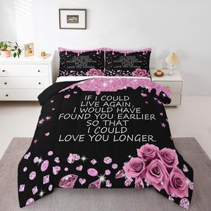 Erosebridal Комплект постельного белья Valentine's Day с романтичным принтом роз и надписями, черный, Black and Pink