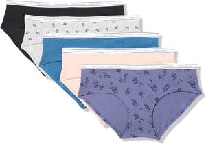 Женские классические хлопковые трусы-хипстеры Tommy Hilfiger с логотипом на поясе, упаковка 5 пар, Tossed Th Heather Grey/Black/Alfalfa Blue/Balanced Beige/Monochrome Floral Crown Blue