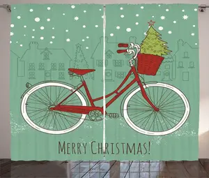 Рождественская штора ABAKUHAUS в деревенском стиле, ретро-велосипедная елка, универсальные ленточные шторы для гостиной с петлями и крючками, 280 x 245 см, цвет: миндально-зеленый, красный Abakuhaus