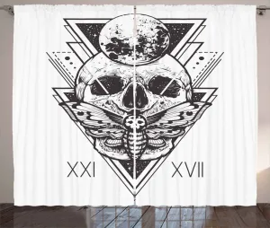 Штора Tod Moth в деревенском стиле от ABAKUHAUS, с изображением хипстерского черепа, универсальная, с петлями и крючками, для гостиной, 280 x 245 см, темно-синий, серый и белый Abakuhaus