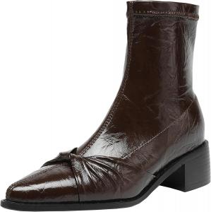 Женские ботильоны с заостренным носком и широким каблуком, короткие ботинки без застежки, подходят для повседневной носки и официальных мероприятий BULVJ, Brown