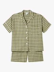 Комплект пижамы шорты из смесового льна в клетку Piglet in Bed, Botanical Green