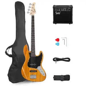 Электрогитара Glarry GJazz с басом, черный защитный щит, прозрачный желтый / усилитель 20 Вт