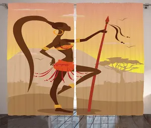 Шторы ABAKUHAUS в стиле афро-рустик, с изображением девочек-амазонок из Саванны в стиле ретро, универсальные ленточные шторы для гостиной с петлями и крючками, 280 x 175 см, цвет: коричневый какао Abakuhaus