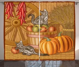 Шторы ABAKUHAUS Rustic Harvest, Rustic Barnyard Kitten, универсальные ленточные шторы для гостиной с петлями и крючками, 280 x 175 см, ярко-оранжевый загар Abakuhaus
