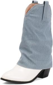 Женские джинсовые ковбойские ботинки UniqueStride с отворотом до середины икры, западный стиль, округлый носок, массивный каблук, ковбойские ботинки с заклепками, Light Blue Denim