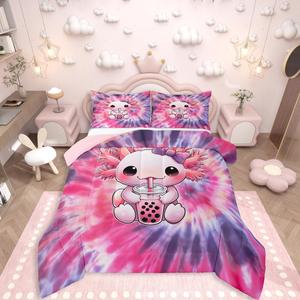 Erosebridal Комплект постельного белья с милым аксолотлем для девочек, розовый бант, аксолотль пьет молочный чай, мультяшная саламандра, морская жизнь тай-дай, легкий, Pink Black