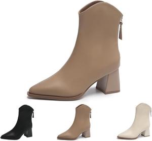 Женские ботильоны GoGo с заостренным носком, задней застежкой-молнией, массивным каблуком, средней голенью и низким каблуком ZJWBB, Brown