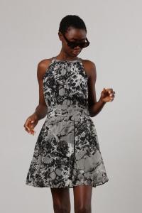 Мини-Платье нуар с воротником-бретелькой и приталенного кроя в стиле ампир Religion, серый