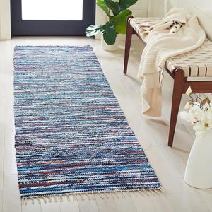 SAFAVIEH, 69 x 305 см, Ковер-дорожка Rag Rug Collection, Blue & Multi, ручной работы, богемная полоска, хлопок, идеально для помещений с высокой проходимостью: гостиная, спальня (RAR128B)