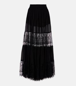 Юбка макси из многослойного шелка с кружевной отделкой Chloé, черный