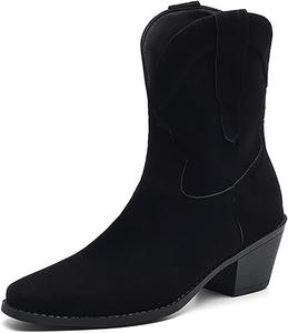 Женские замшевые ботильоны в западном стиле с массивным каблуком, модным V-образным вырезом, квадратным носком и каблуком 2,5 дюйма, для надевания, нарядные осенние ковбойские сапоги средней длины для широкой икры NENGMAON, Black