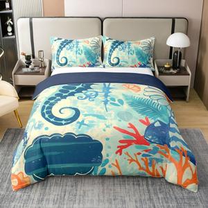 Erosebridal Комплект постельного белья Seahorse из 100% хлопка с морским принтом животных и кораллов, Teal Orange Blue