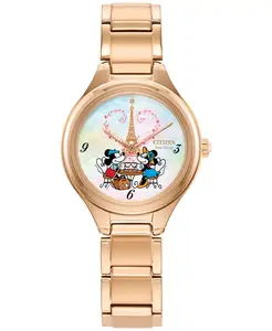 Женские часы Eco-Drive Disney Mickey & Minnie Take Paris с браслетом из нержавеющей стали розового золота, 29 мм Citizen