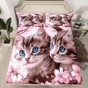 Erosebridal Комплект постельного белья Cute Cat с цветущей сакурой и котятами, розовый, Pink Grey Blue