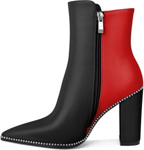 Younton Женские короткие ботильоны с заостренным носком, декорированные бусинами, массивным каблуком 3,7 дюйма и боковой молнией