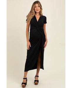 Черное длинное платье для беременных с короткими рукавами и сборками спереди Pinkblush, Black