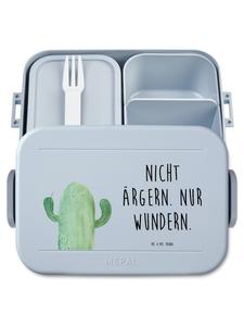 Mr. & Mrs. Panda Бенто-бокс с изображением кактуса, выражающего гнев, и надписью в пастельно-голубых тонах