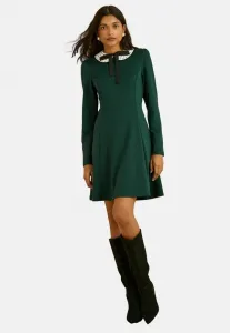 Платье-Мини в повседневном стиле, прямого кроя, с длинными рукавами и воротником-бантом. Love & Roses, Green White Ecru Spot