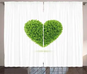 Штора ABAKUHAUS Green Rustic, Сердце со свежими листьями, универсальная ленточная штора для гостиной с петлями и крючками, 280 x 245 см, цвет папоротника зеленый с белым Abakuhaus