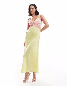 Платье миди с присборенной грудью и кружевными вставками ASOS DESIGN в розово-зеленой цветовой гамме