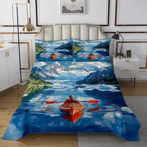 Erosebridal Комплект постельного белья Kayaking с принтом гор озер и деревьев в стиле масляной живописи для детей, Sky Blue Sage Green