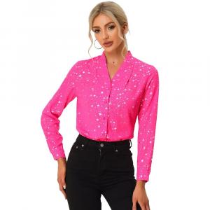 Женская рубашка с воротником-стойкой и длинным рукавом с металлическими звездами ALLEGRA K, розовый
