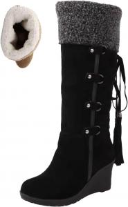 Женские высокие ботинки до колена с пушистым воротником на танкетке, ботинки до бедра с искусственным мехом, теплые ботинки с бахромой сзади и шнуровкой Generic, Black